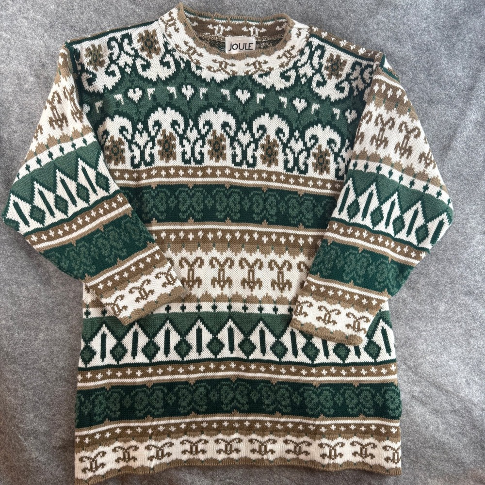 Joule VTG Sweater Med 90s Green USA Brown Fair Isle Knit Long Sleeve Crew Neck